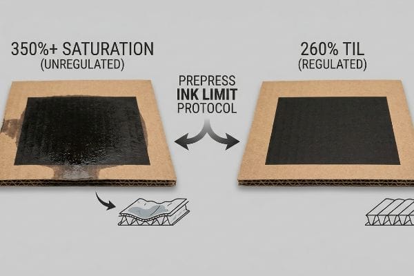 Corrugated board: 350%+ Saturation (Unregulated) ink bleed, warping vs. 260% Til (Regulated) integrity by Prepress Ink Limit Protocol.