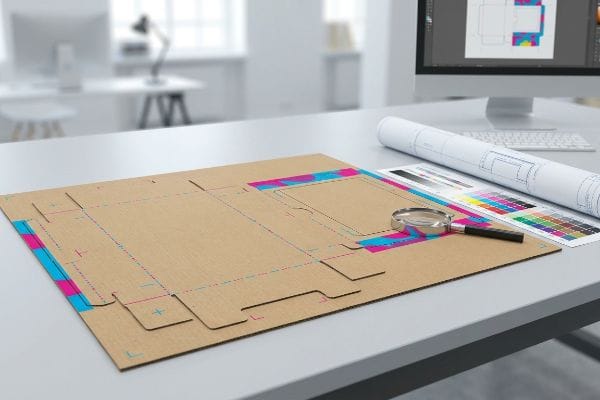 Brown corrugated packaging die-cut template with cyan and magenta print marks, alongside a magnifying glass and computer screen displaying prepress design.