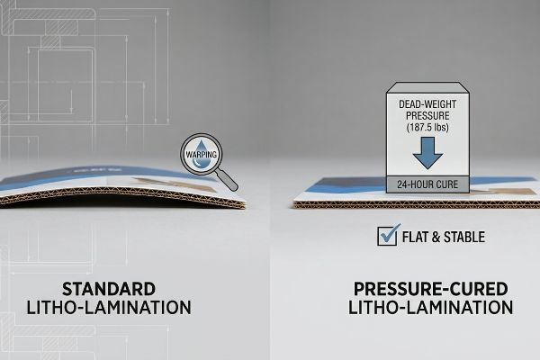 A warped Standard Litho-Lamination board contrasts with a flat Pressure-Cured Litho-Lamination panel, stabilized by 187.5 lbs dead-weight pressure for 24 hours.