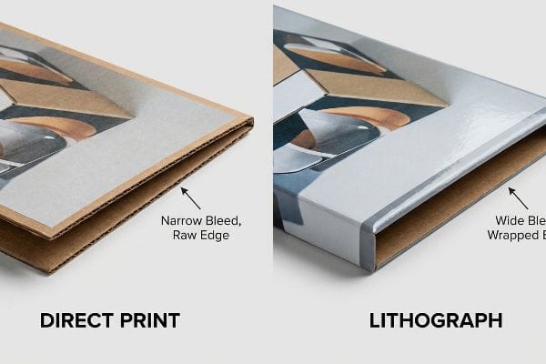 Corrugated cardboard edges comparing Direct Print's narrow bleed raw edge to Lithograph's wide bleed wrapped edge.