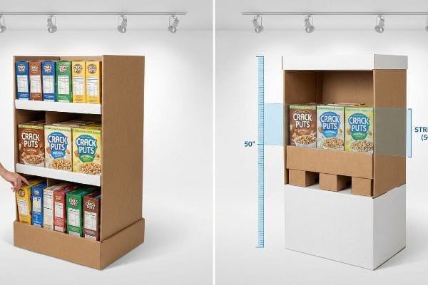 Brown corrugated retail display showcases Crack Puts cereal boxes, emphasizing the 50-inch strike zone for optimal product visibility.