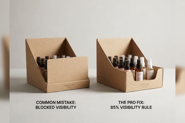 Brown cardboard retail displays show Common Mistake: Blocked Visibility vs. Pro Fix: 85% Visibility Rule for small bottles.