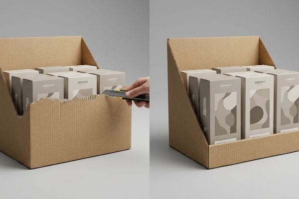 A utility knife cuts a corrugated display box's front lip, revealing 'Generic' product boxes for enhanced eye-level visibility.