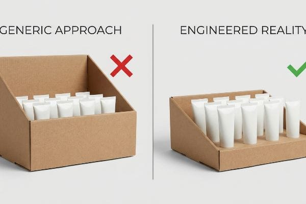 Brown corrugated cardboard display trays contrasting Generic Approach with low product visibility versus Engineered Reality for white cosmetic tubes.