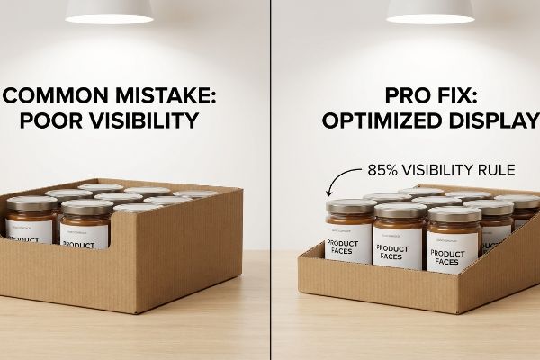 A bandeja de papelão ondulado marrom mostra baixa visibilidade em comparação com a exibição otimizada, destacando a regra de 85% de visibilidade para as faces do produto.