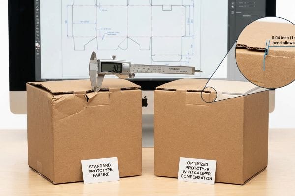 Caliper measures a Standard Prototype Failure, contrasting an Optimized Prototype With Caliper Compensation showing 0.04 inch (1mm) bend allowance.