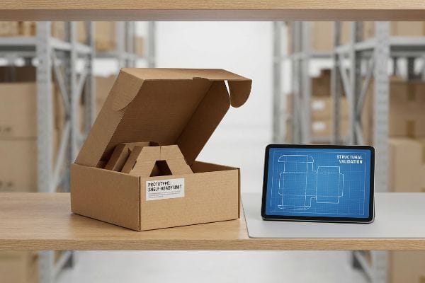 A prototype shelf-ready unit box and a tablet showing structural validation blueprint on a wooden shelf in a warehouse.