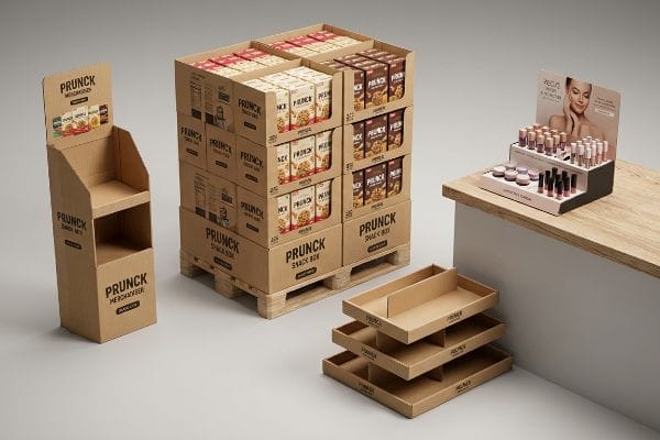 A retail setting displays Prunck cardboard floor merchandisers, pallet builds with snack boxes, and empty shelf trays, plus a cosmetic countertop unit.