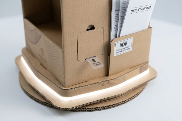 Base giratoria de cartón corrugado con luz LED brillante, pestaña "Tirar para activar" y etiquetas "Batería de litio: manipular con cuidado" y "Cumple con la ficha de datos de seguridad".