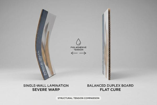 Comparison of severely warped Single-Wall Lamination and flat Balanced Duplex Board, showing Pva Adhesive Tension.