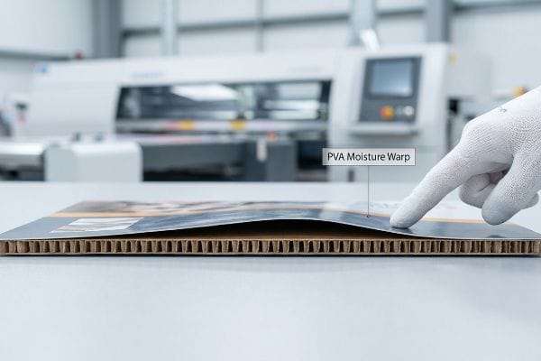 A white-gloved hand points to a corrugated board exhibiting 'PVA Moisture Warp', illustrating lamination moisture absorption and fiber swelling.