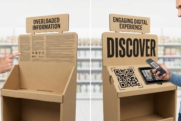Brown corrugated cardboard display contrasting Overloaded Information with an Engaging Digital Experience via QR code and tablet.