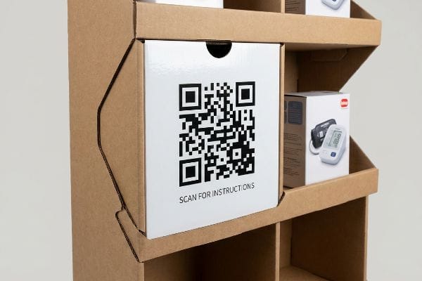 High-contrast white box on a corrugated display features a large QR code with 'Scan For Instructions' text, next to a blood pressure monitor.