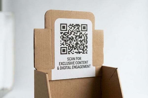 Brown corrugated cardboard display features a high-contrast white label with a QR code, promoting 