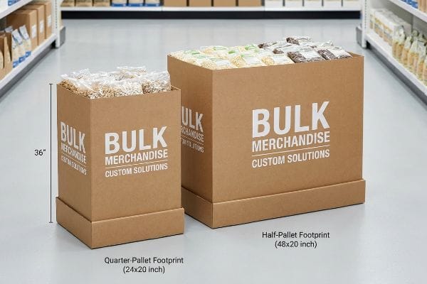 Two brown corrugated dump bins, a 36-inch tall Quarter-Pallet (24x20 inch) and a Half-Pallet (48x20 inch), display Bulk Merchandise Custom Solutions in a retail aisle.