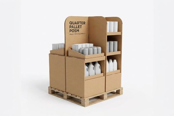 Expositor de punto de venta (POSM) de cartón corrugado marrón, con una base de 24x20 pulgadas, sobre palé de madera, que contiene productos blancos.