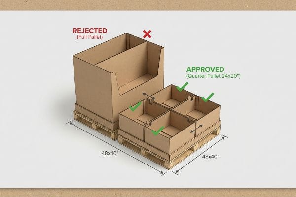 Cardboard display units illustrate retail compliance, showing a Rejected Full Pallet 48x40