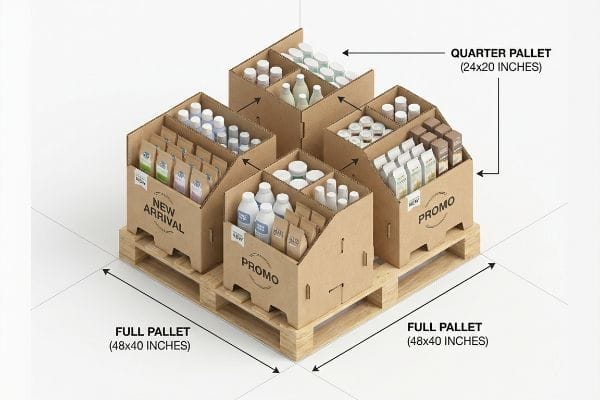Brown corrugated cardboard quarter pallet displays, labeled