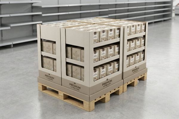 Corrugated quarter-pallet displays showcasing Premium Coffee Pods boxes, stacked on wooden pallets in a retail store aisle.