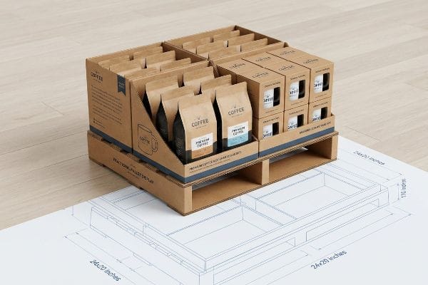 Corrugated cardboard quarter pallet display holding Premium Coffee bags and mugs, with a 24x20 inch dieline blueprint.