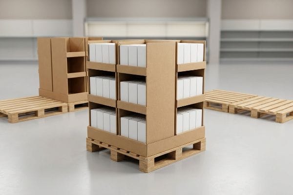 Brown corrugated cardboard quarter pallet displays, filled with white product boxes, stand on wooden pallets in a spacious warehouse setting.