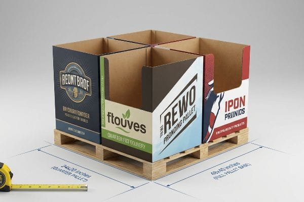Corrugated quarter pallet displays for Reont Brof, Ftouves, Rewo, Ipon Priinids, on a wooden pallet, with 24x20 inch dimensions.