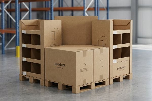 木製パレット上に、「製品」ボックスと「完全リサイクル可能」の表示が付いた、クラフト段ボール製の1/4パレットディスプレイユニット。.