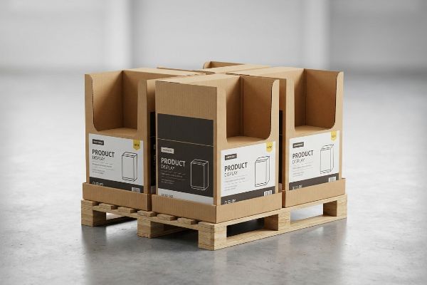 Natural brown corrugated cardboard Product Display units on a wooden quarter pallet, optimized for retail POP display and shipping density.