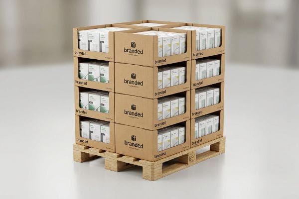 Présentoir quart de palette en carton ondulé comprenant des plateaux de produits « de marque » empilés sur une palette en bois, contenant des boîtes de vente au détail blanches.