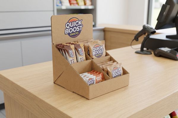 Un expositor de cartón corrugado para mostrador que muestra barritas energéticas y bolsas de snacks Quick Boost Snacks sobre un mostrador de madera clara de una tienda de conveniencia.