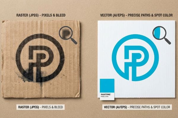 Corrugated cardboard shows a pixelated Raster Jpeg logo with ink bleed, contrasting a crisp Vector Ai/Eps logo in Pantone Pms Cyan.