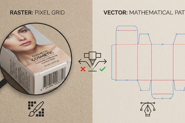 A split image comparing Raster Pixel Grid (magnified cosmetic box) with Vector Mathematical Path (carton dieline), showing vector for machine cutting.