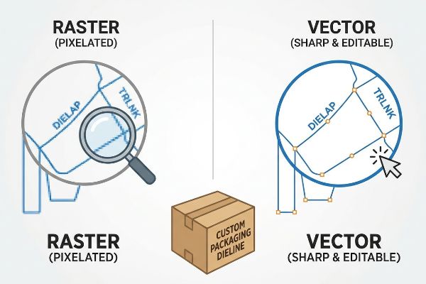 A visual comparison highlights Raster (Pixelated) versus Vector (Sharp & Editable) graphics for a Custom Packaging Dieline. The raster view shows pixelated 'Dielap' and 'Trlnk' lines under magnification, while the vector view features sharp, editable anchor points with a cursor.