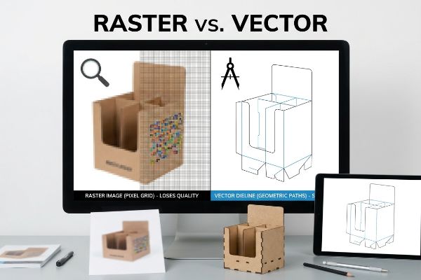 Monitor shows Raster vs. Vector: pixelated cardboard display box (Raster Image) vs. sharp Vector Dieline (Geometric Paths).
