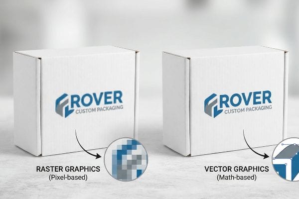 Two white custom packaging boxes, one showing pixelated Raster Graphics and the other crisp Vector Graphics for Rover Custom Packaging.