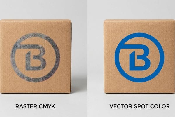 Brown corrugated boxes display logo quality: grainy Raster Cmyk versus crisp blue Vector Spot Color for brand visibility.