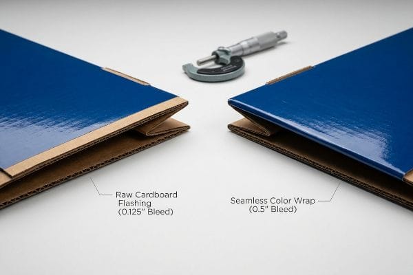Raw Cardboard Flashing (0.125-inch bleed) vs. Seamless Color Wrap (0.5-inch bleed) on blue laminated corrugated, with micrometer.