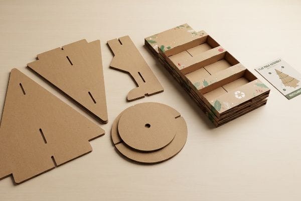 Flat-packed cardboard Christmas tree display components, featuring festive designs, a recycling symbol, and an assembly guide.