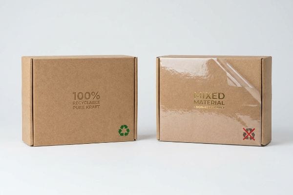 Recyclable Pure Kraft box with green symbol contrasts glossy Mixed Material, Non-Recyclable box with red symbol.