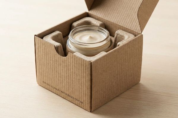 Corrugated box with a clear glass jar of cosmetic cream, secured by molded pulp, labeled '100% Recyclable / Water-Based Coating'.