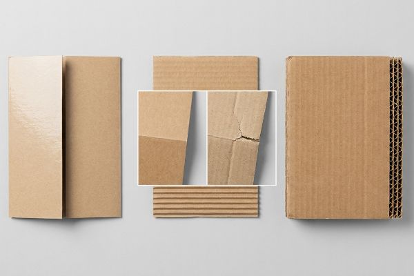 Folding carton paperboard, single-wall, and double-wall corrugated samples, with an inset showing a clean fold versus a cracked recycled fiber fold.