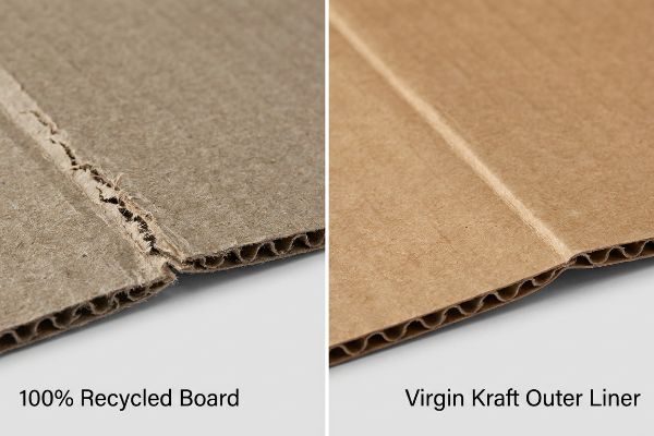 Comparison of 100% Recycled Board with a rough, torn crease versus smooth Virgin Kraft Outer Liner showing a clean fold.