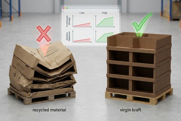 Collapsed recycled material corrugated displays contrast sturdy virgin kraft, showing low versus high compression strength and moisture resistance on graphs.