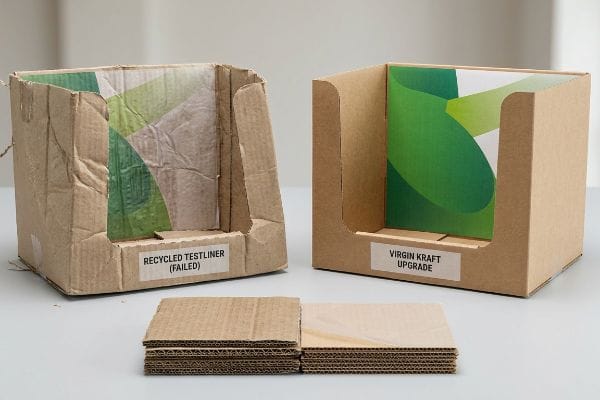 Crumpled Recycled Testliner (Failed) corrugated box next to a pristine Virgin Kraft Upgrade display, showing material differences.