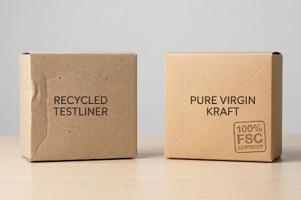 Recycled Testliner and Pure Virgin Kraft boxes, the latter featuring a 100% FSC Certified logo.