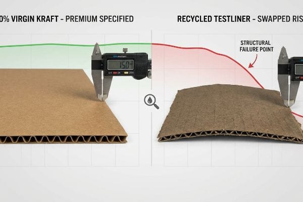 100% Virgin Kraft corrugated board, measured at 15.0, contrasted with warped Recycled Testliner showing a Structural Failure Point, highlighting material integrity.