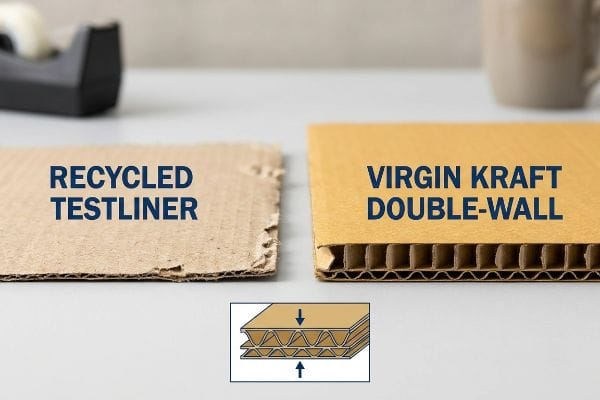 Recycled Testliner and Virgin Kraft Double-Wall corrugated board samples displayed, with a diagram illustrating the double-wall flute structure.