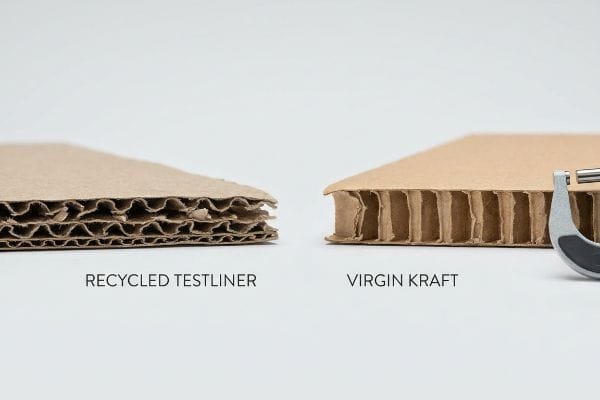 Close-up comparing Recycled Testliner's weak fluting to Virgin Kraft corrugated cardboard's stronger fibers.