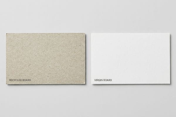 Textured Recycled Board next to smooth Virgin Board, showcasing different paperboard packaging materials.