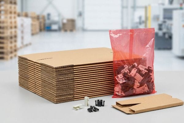 Flat-packed corrugated cardboard bases, red bag of plastic clips, and loose joiners for co-packing assembly.